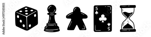Hand-drawn board game icons set including a dice, chess pawn, meeple, playing card, and hourglass. Minimalist black doodle silhouettes for tabletop gaming and entertainment design.