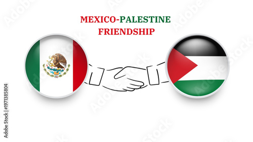 Mexico and Palestine flags in circle with shake hand. Mexico And Palestine friendship. Mexico And Palestine flags, isolated on white background. Vector icon set. Vector illustration.