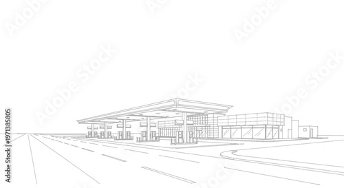 Architectural sketch of a modern gas station and convenience store.