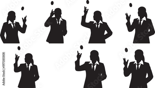 Black Solid Female Team Leaders Tossing Coin Silhouettes Set of Six on White Background