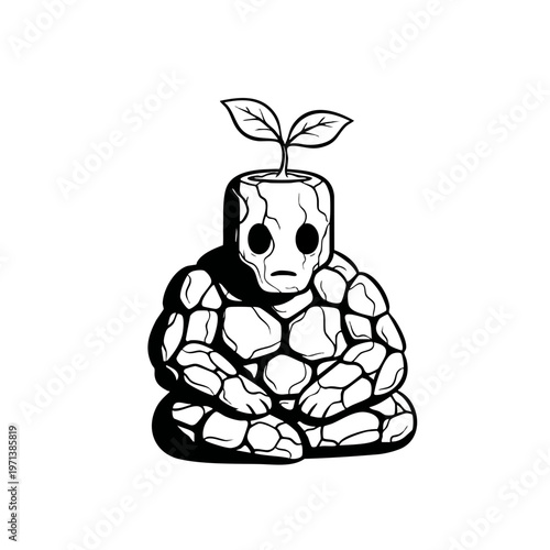 Meditating Stone Golem with Growing Plant Sprout Vector Illustration