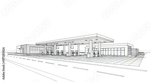Architectural Sketch of a Modern Gas Station Building.