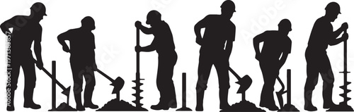 Black Solid Fence Builder Post Hole Digger Role Silhouettes Set of Six on White Background
