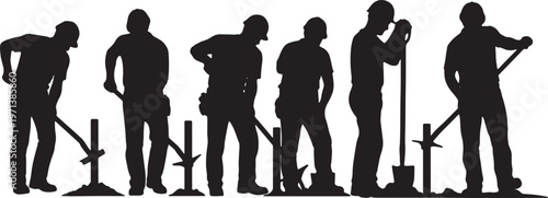Black Solid Fence Builder Post Hole Digger Role Silhouettes Set of Six on White Background