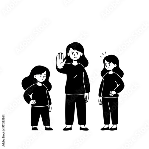 Woman and girls making serious stop gesture flat vector illustration
