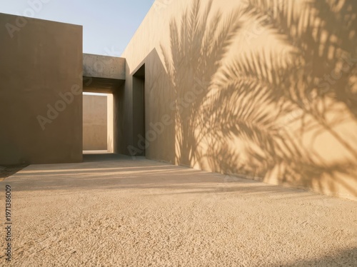 Modern minimalist architecture with warm beige walls palm leaf shadows cast across rough concrete ground and walkway