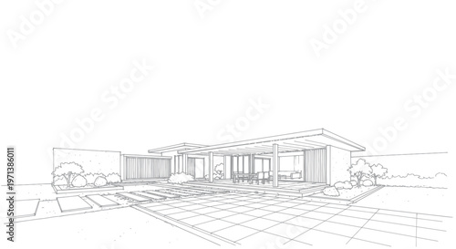 Architectural sketch of a modern house with a flat roof and large windows.