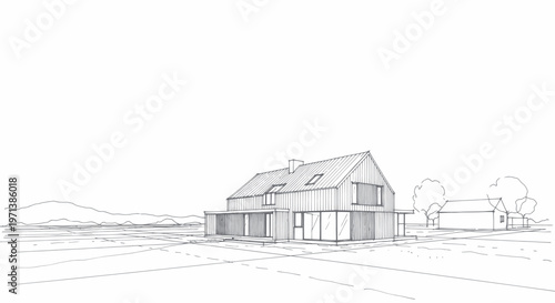 Architectural sketch of a modern house with a gabled roof and large windows.