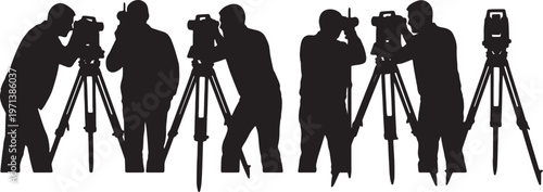 Black Solid Field Topographer Optical Theodolite Role Silhouettes Set of Six on White Background