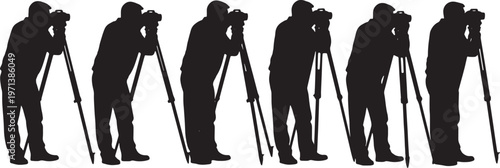 Black Solid Field Topographer Optical Theodolite Role Silhouettes Set of Six on White Background