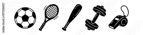 Set of black and white sports equipment icons including soccer ball, tennis racket, baseball bat, dumbbell, and whistle isolated on white background. Minimalist athletic gear illustration.