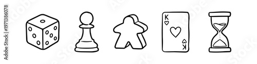 Set of hand-drawn board game icons featuring a die, chess pawn, meeple, playing card, and hourglass. Simple black line art on a white background for gaming and tabletop concepts.