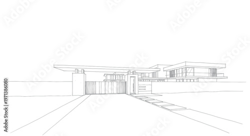 Architectural sketch of a modern house with a long driveway and gate.