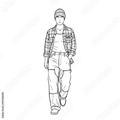 Young Man in Thrifted Grunge Style Fashion Vector Line Art
