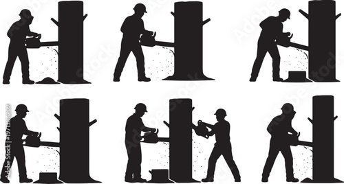 Black Solid Forestry Logger Gas Chainsaw Role Silhouettes Set of Six on White Background