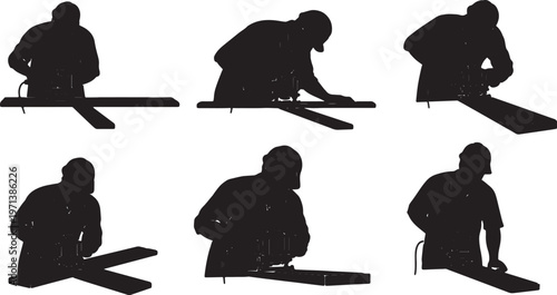 Black Solid Finish Carpenter Electric Router Role Silhouettes Set of Six on White Background