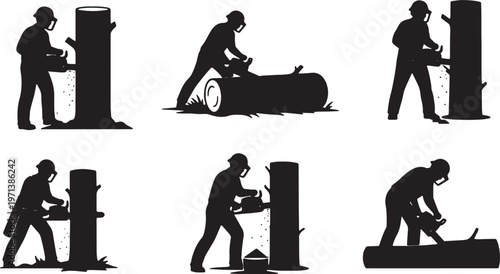 Black Solid Forestry Logger Gas Chainsaw Role Silhouettes Set of Six on White Background