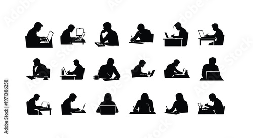 Silhouettes of diverse professionals working remotely on laptops in various seated positions isolated on a clean white background