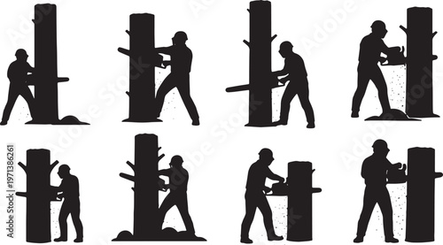 Black Solid Forestry Logger Gas Chainsaw Role Silhouettes Set of Six on White Background