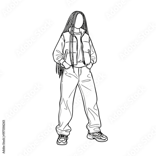 Urban Fashion Female Vector Line Art in Puffer Vest and Braids
