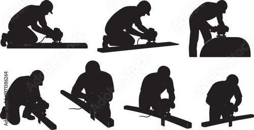 Black Solid Finish Carpenter Electric Router Role Silhouettes Set of Six on White Background