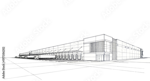 Architectural sketch of a modern industrial warehouse building.