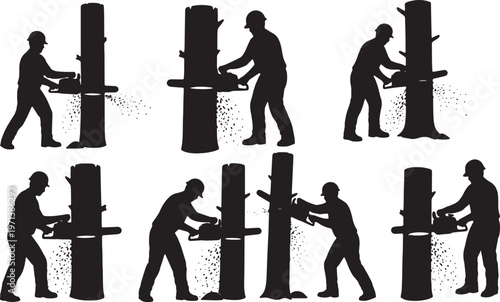Black Solid Forestry Logger Gas Chainsaw Role Silhouettes Set of Six on White Background