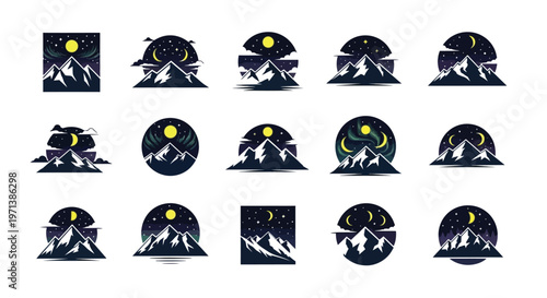 Wolf howling at moon set in various geometric shapes against dark night sky backgrounds with stars