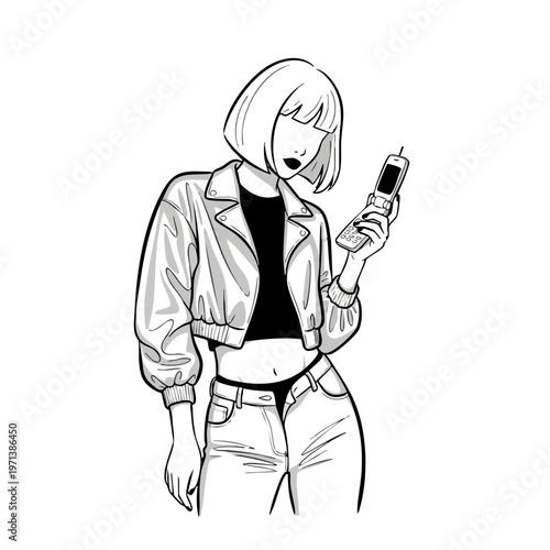Y2K Fashion Woman Holding a Retro Flip Phone Vector Illustration