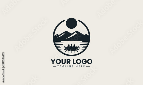 Rowing team in long boat traverses lake represents cooperative sportsmanship focused and disciplined