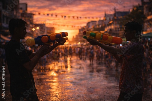 Two silhouettes facing off with water guns at Songkran sunset