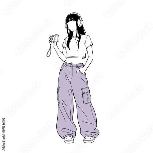 Trendy Y2K Girl with Camera and Headphones Illustration