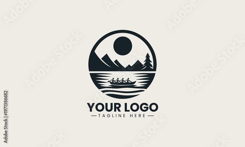 Rowing team in long boat traverses lake represents cooperative sportsmanship focused and disciplined