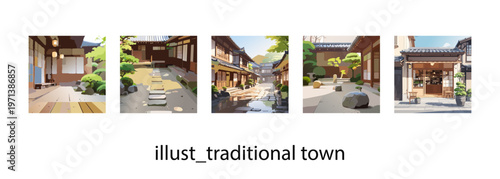 日本の伝統的な町並みと歴史ある風景_イラスト素材