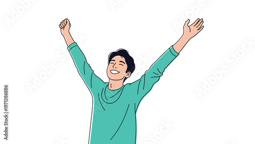 Joyful man raising his arms in celebration of success and personal achievement against a clean white background.