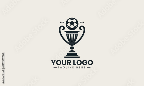 Black soccer trophy with ball on top is presented as elegant monochrome vector logo on clean white background for sports competition and championship branding use