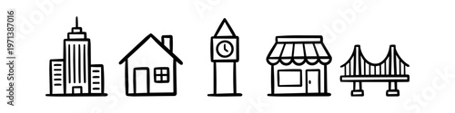 Set of hand-drawn minimalist city icons featuring a skyscraper, house, clock tower, shop, and bridge. Clean black line art doodle style on a white background for urban design projects.