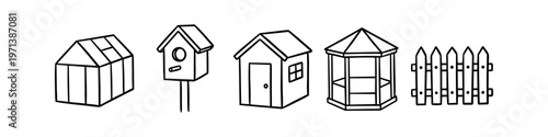Set of hand-drawn garden structure icons featuring a greenhouse, birdhouse, shed, gazebo, and picket fence. Minimalist black outline doodle style for landscaping and garden design illustrations.
