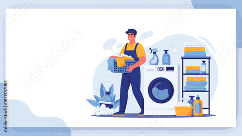 Professional worker in overalls carrying a laundry basket next to a washing machine in a well-equipped laundry room.