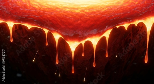 Molten Lava Flowing from Underground Cavern, Volcanic Magma Eruption