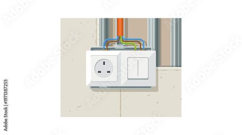 Electrical Socket and Light Switch Installation with Exposed Wiring Flat Illustration