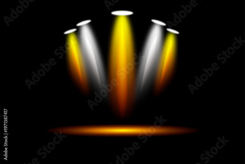 Realistic stage spotlights with bright rays on black background