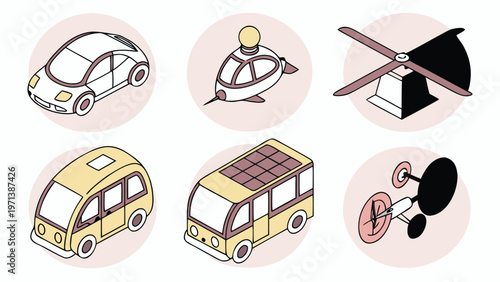 Set of easter eggs and transportation icons featuring a vector illustration of a car, bus, and airplane in a cartoon design for travel and delivery
