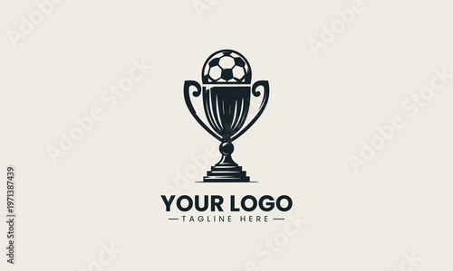 Black soccer trophy with ball on top is presented as elegant monochrome vector logo on clean white background for sports competition and championship branding use