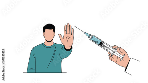 Determined man making a stop gesture with his hand towards a syringe to represent vaccine hesitancy or medical refusal.