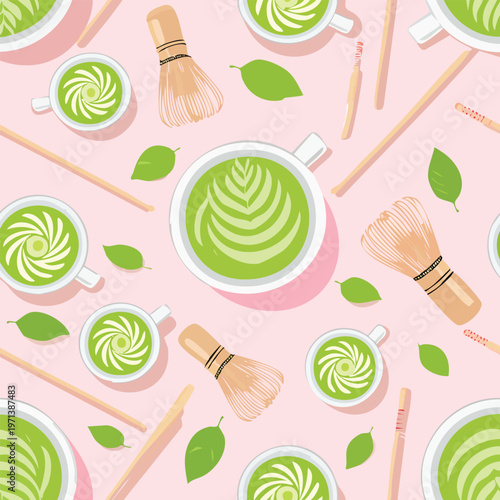 Vibrant matcha tea cups and whisk pattern on soft pink background