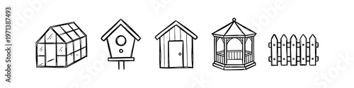 Set of hand-drawn garden structure icons including a greenhouse, birdhouse, shed, gazebo, and picket fence. Vector line art illustration for gardening and outdoor living themes.