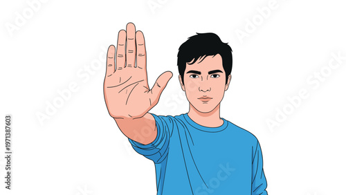 Young man holding his hand up in a firm stop gesture to signal refusal, caution, or to set a personal boundary.