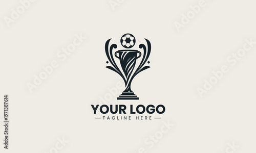Black soccer trophy with ball on top is presented as elegant monochrome vector logo on clean white background for sports competition and championship branding use