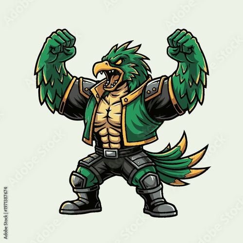 Powerful green eagle mascot character flexing muscles, strong anthropomorphic bird with aggressive expression, cartoon vector illustration